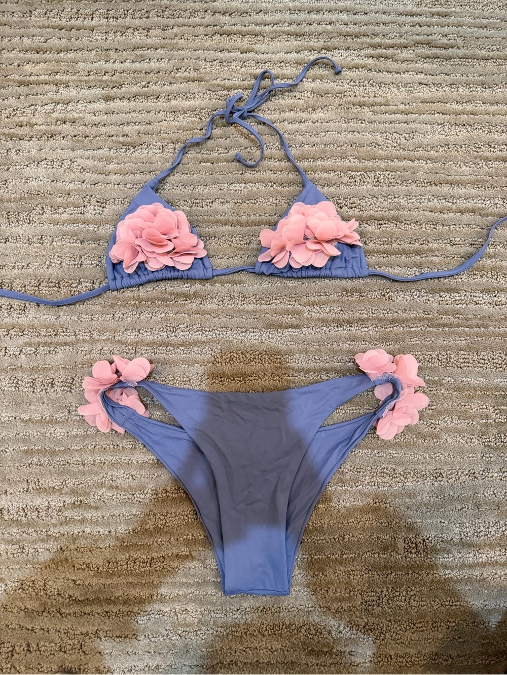 Blue Triangle Bikini with Pink Floral Appliqué
